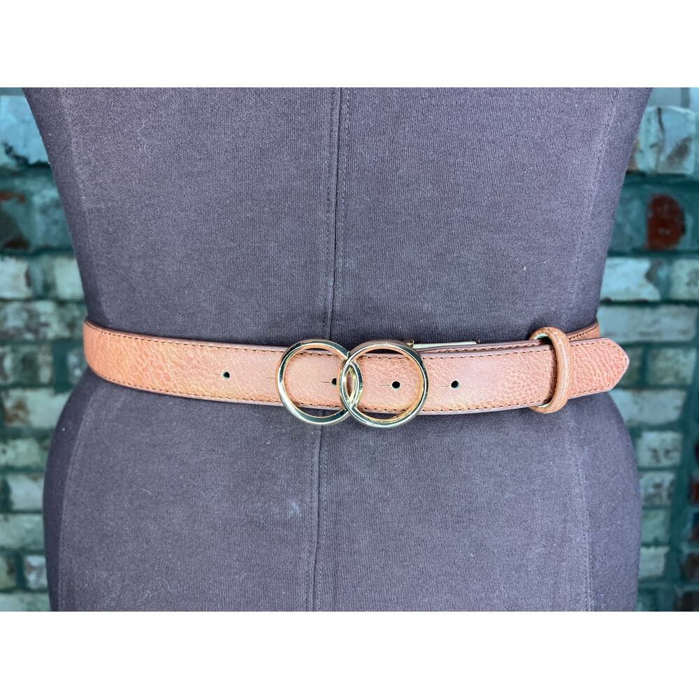 belt  vegan leather tan interlocking circles buckle gold